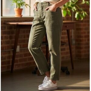 Free People Women Small Sage Green Herringbone‎ Linen Cotton Blend Utility Pants
